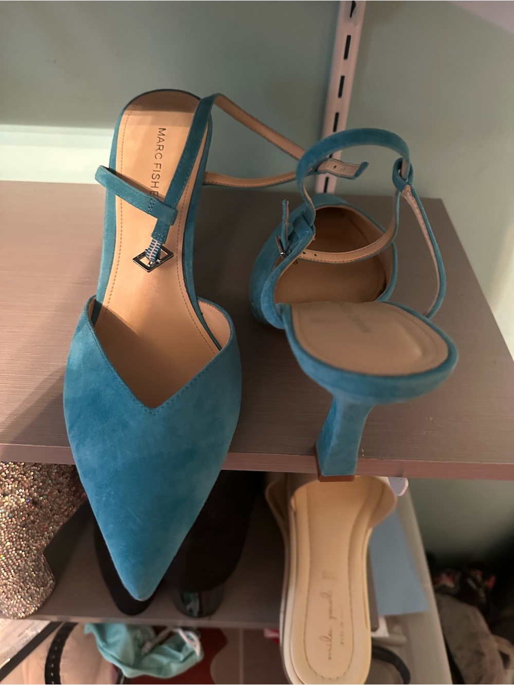 Marc Fisher Aqua Suede Pointed Mule Heels - Picture 2 of 4